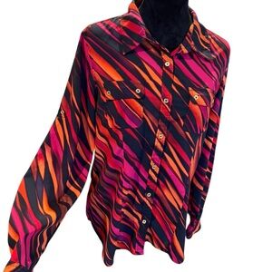 Calvin Klein Blouse Red Pink Orange Striped Blouse Women's Large Gold Button Up